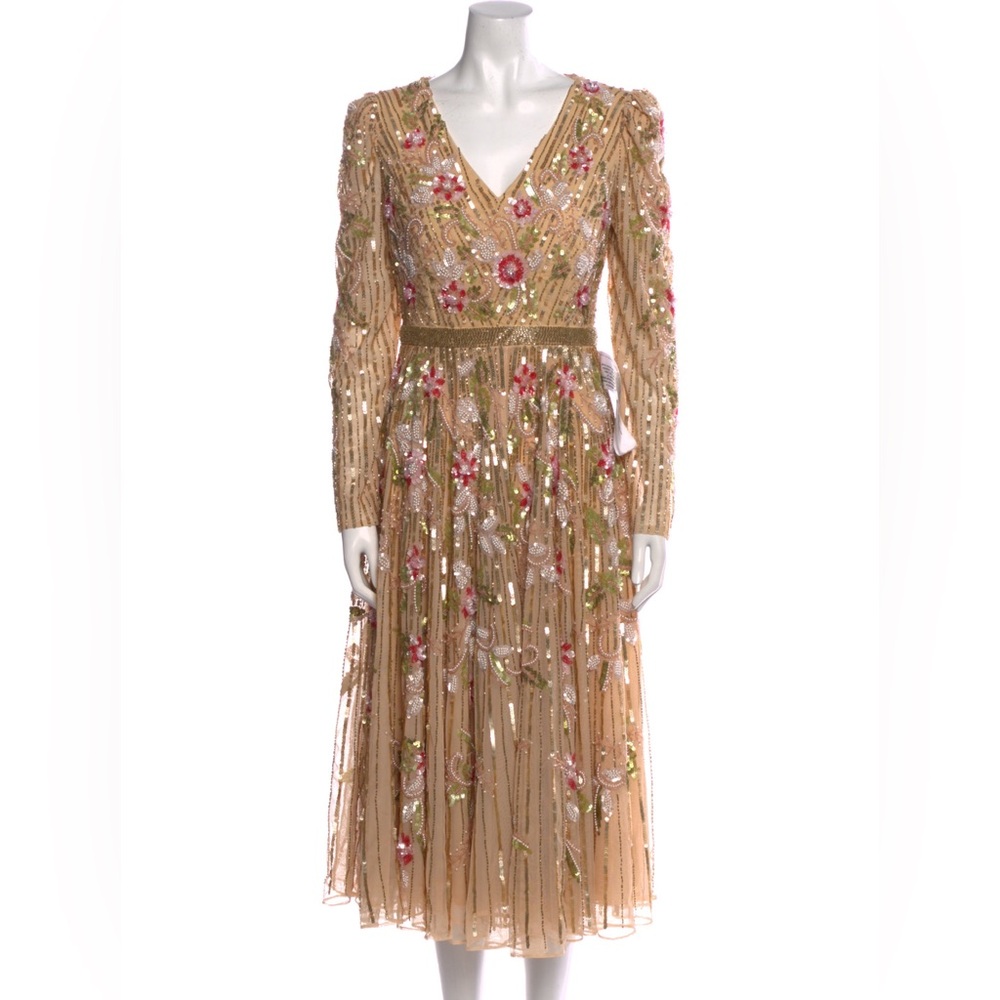 Mac Duggal Gold Embellished Long Sleeve Midi Dress with Pink Floral Detail